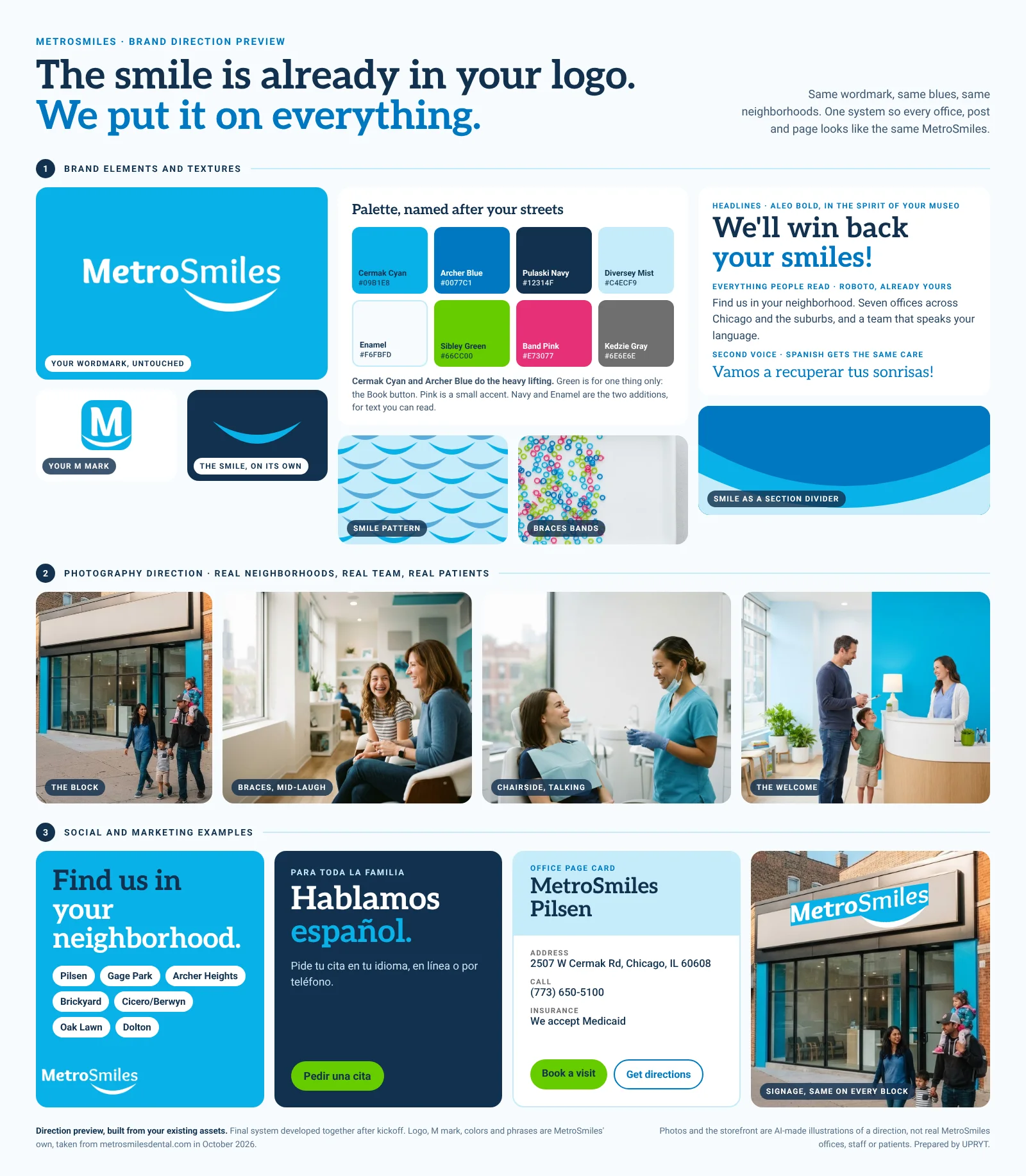 MetroSmiles mood board: logo, palette, type, textures, photography direction and applied examples